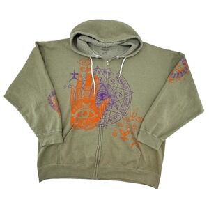 Urban Outfitters Hoodie Mens XL Green Graphic Zip Up Occult Eye Streetwear
